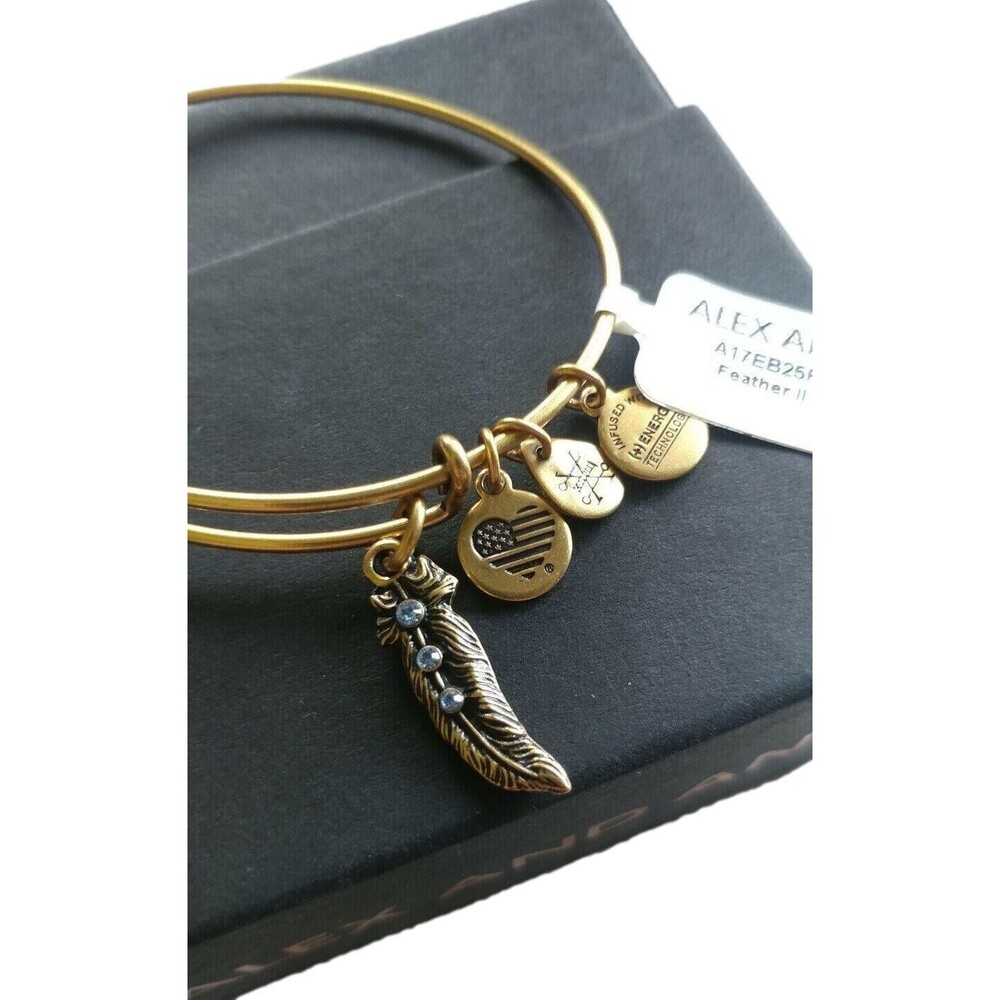 Alex and Ani Feather II Rafaelian Gold Gem Crystal Accent Charm Bracelet NEW
